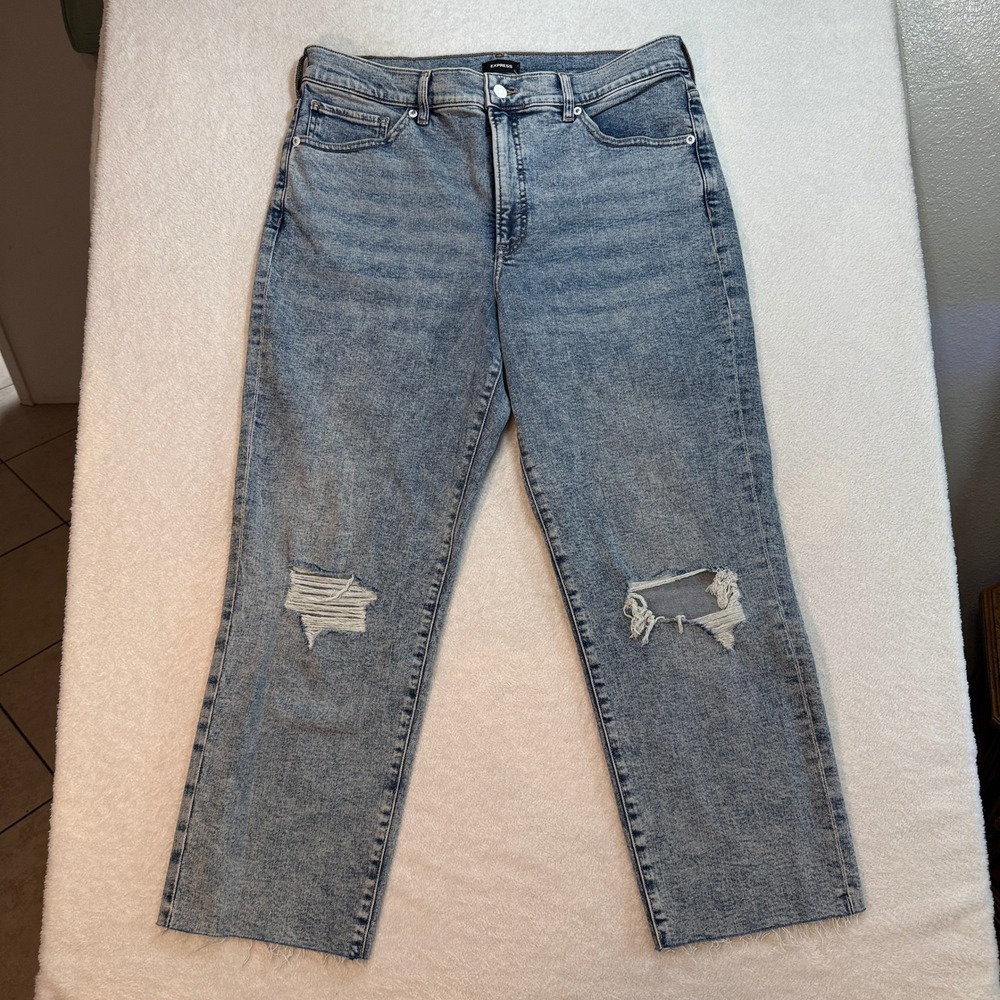 Express Womens High Waisted Straight Distressed Ripped Jeans Light Wash 32x26